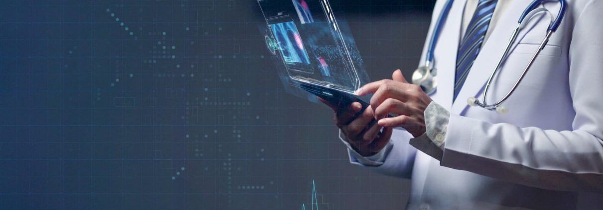 a futuristic image of a futuristic tablet and a healthcare worker using it
