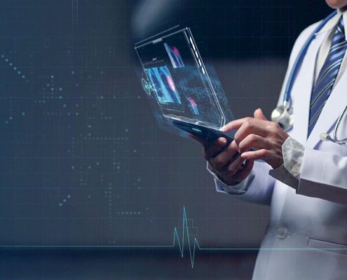 a futuristic image of a futuristic tablet and a healthcare worker using it