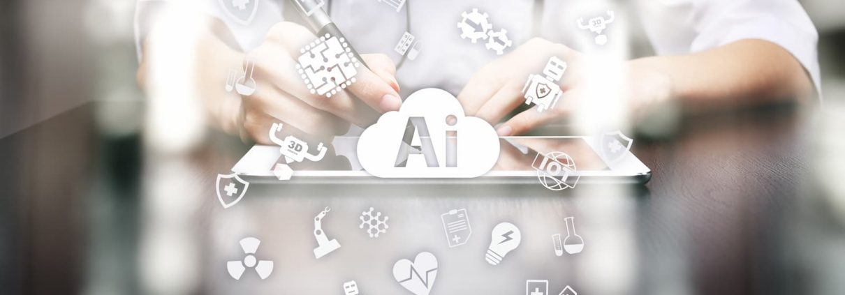 A doctor in a white lab coat uses a digital tablet with a holographic "Ai" cloud icon and various floating medical symbols.